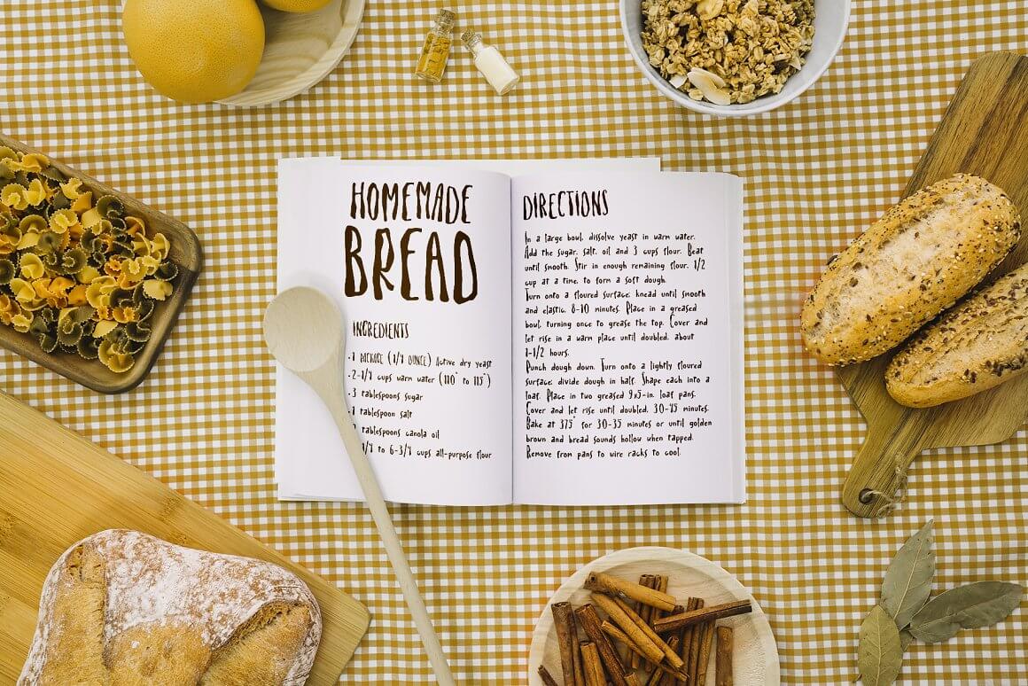 Ingredients of Homemade Bread writen in Spaghetti font.