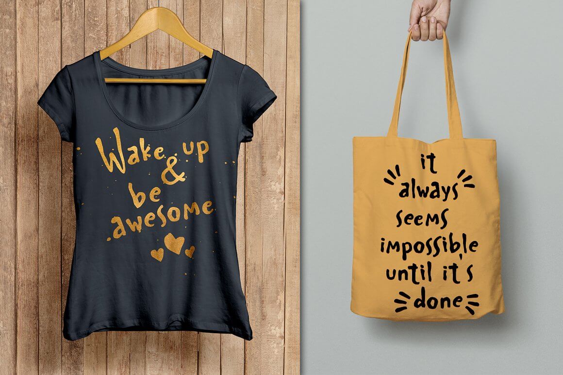 Black T-shirt and yellow bag with inscriptions made by Spaghetti font.
