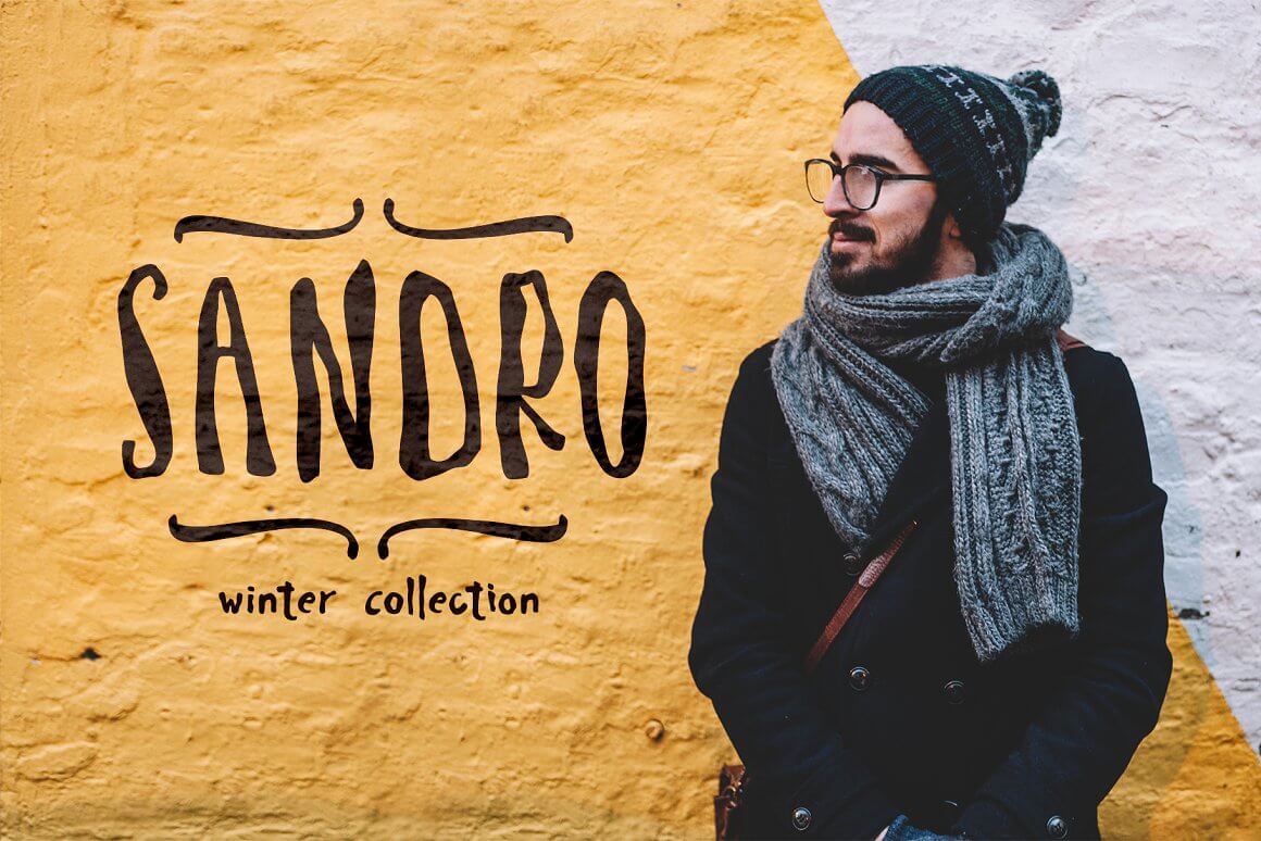 A man in winter clothes and next to it is an inscription with the name of the winter collection.