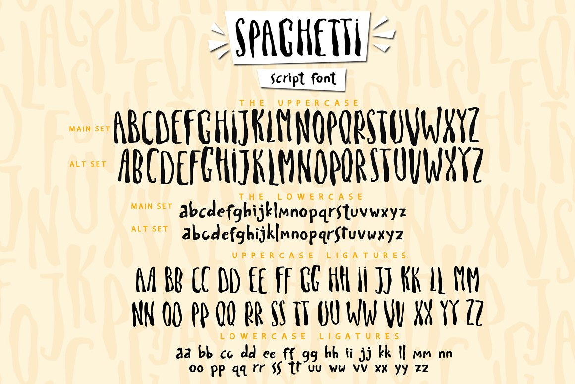 Spaghetti script font: the uppercase, the lowercase, uppercase ligatures, lowercase ligatures.