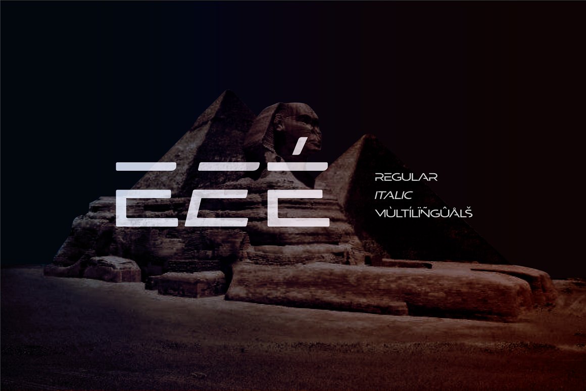 Three letters E on the background of the Sphinx.