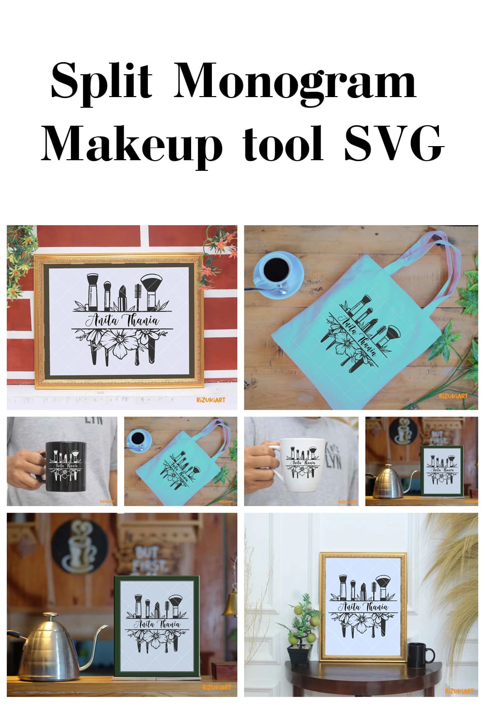 split monogram makeup tool svg illustration.