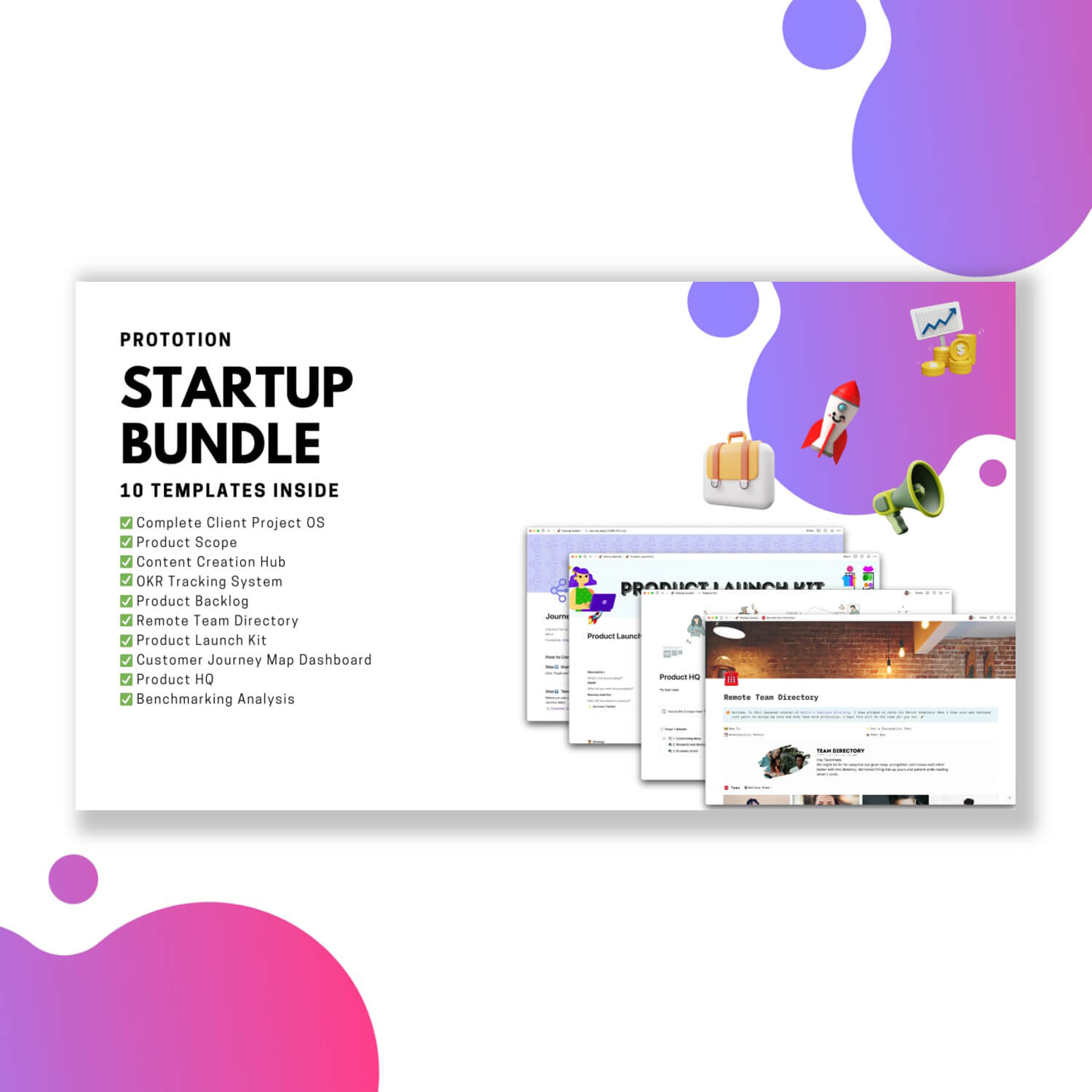 A slide with a bright design containing information about the startup bundle and images of the slides from this presentation.