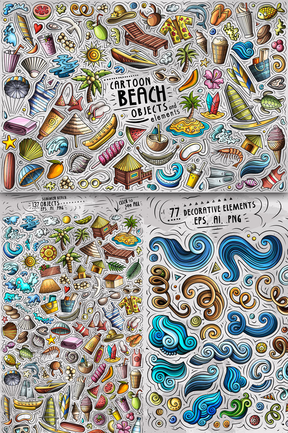 Summer Beach Cartoon Objects Set Pinterest 1000 1500.