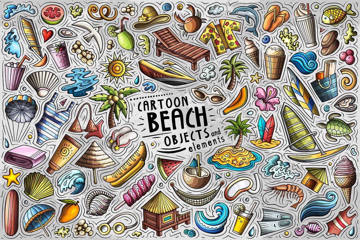Summer Beach Cartoon Objects Set Preview 1.