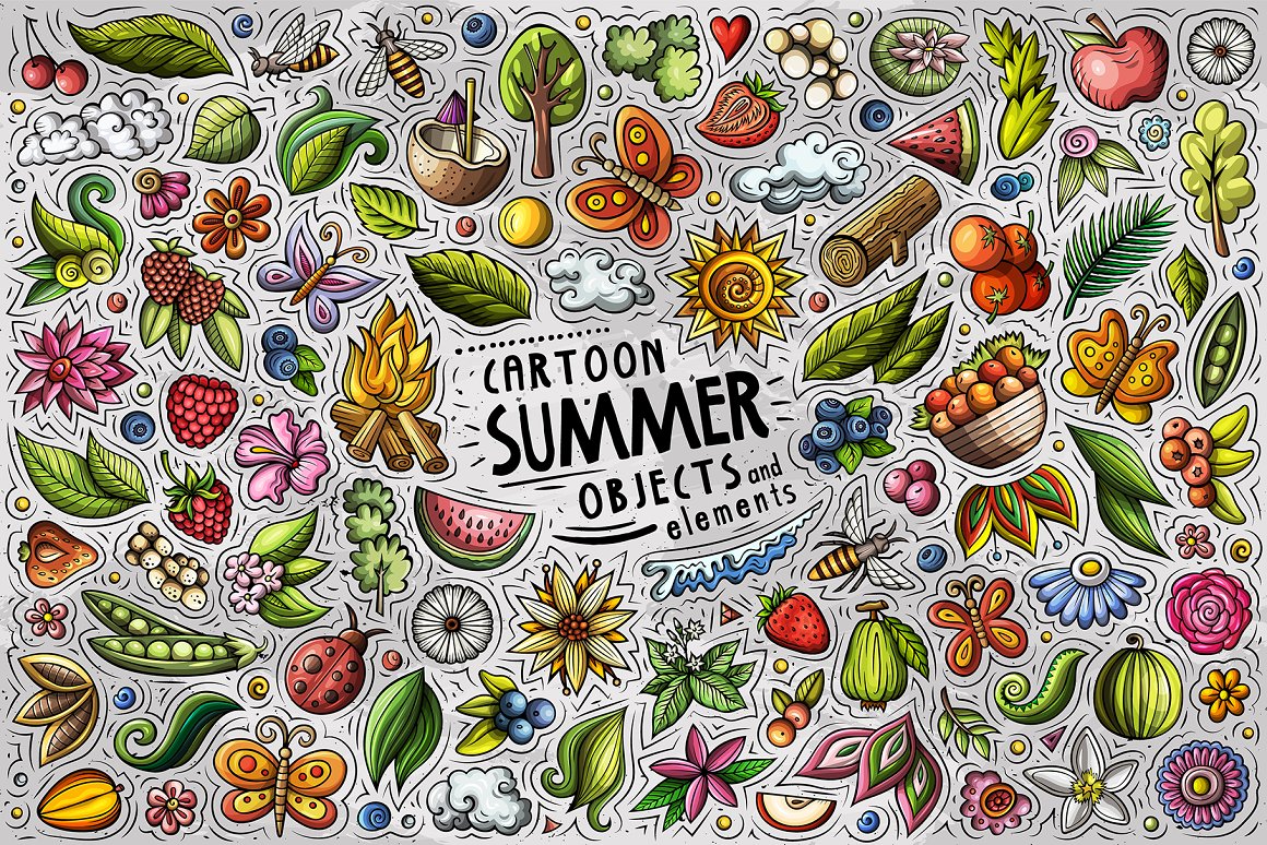 Summer Nature Cartoon Objects Set Preview 1.