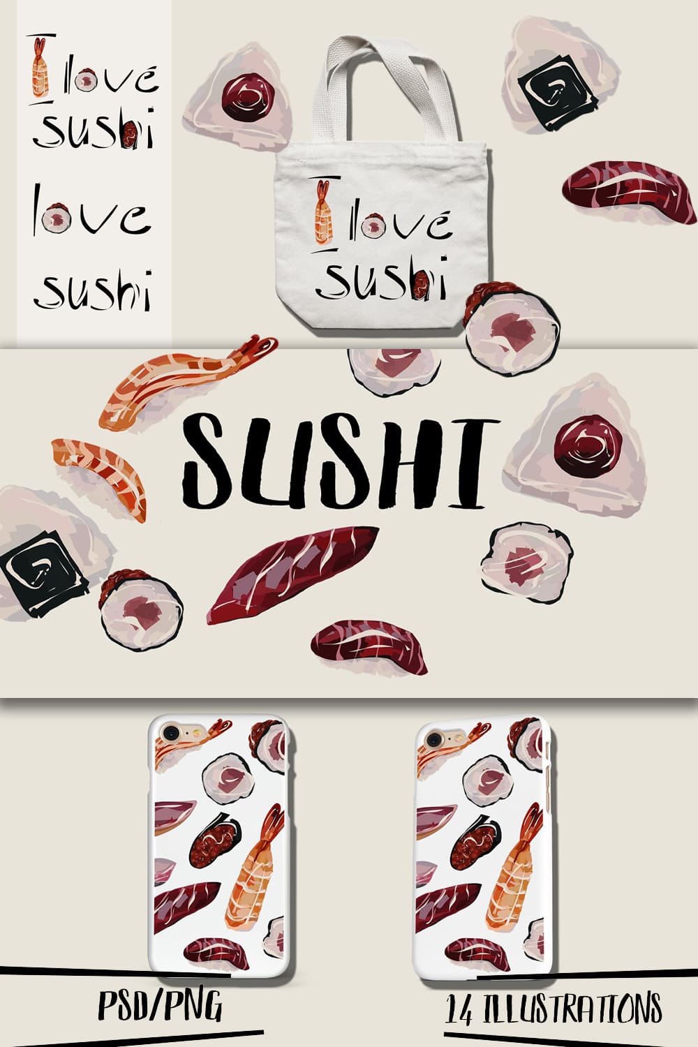 Sushi Illustrations Kit pinterest image.