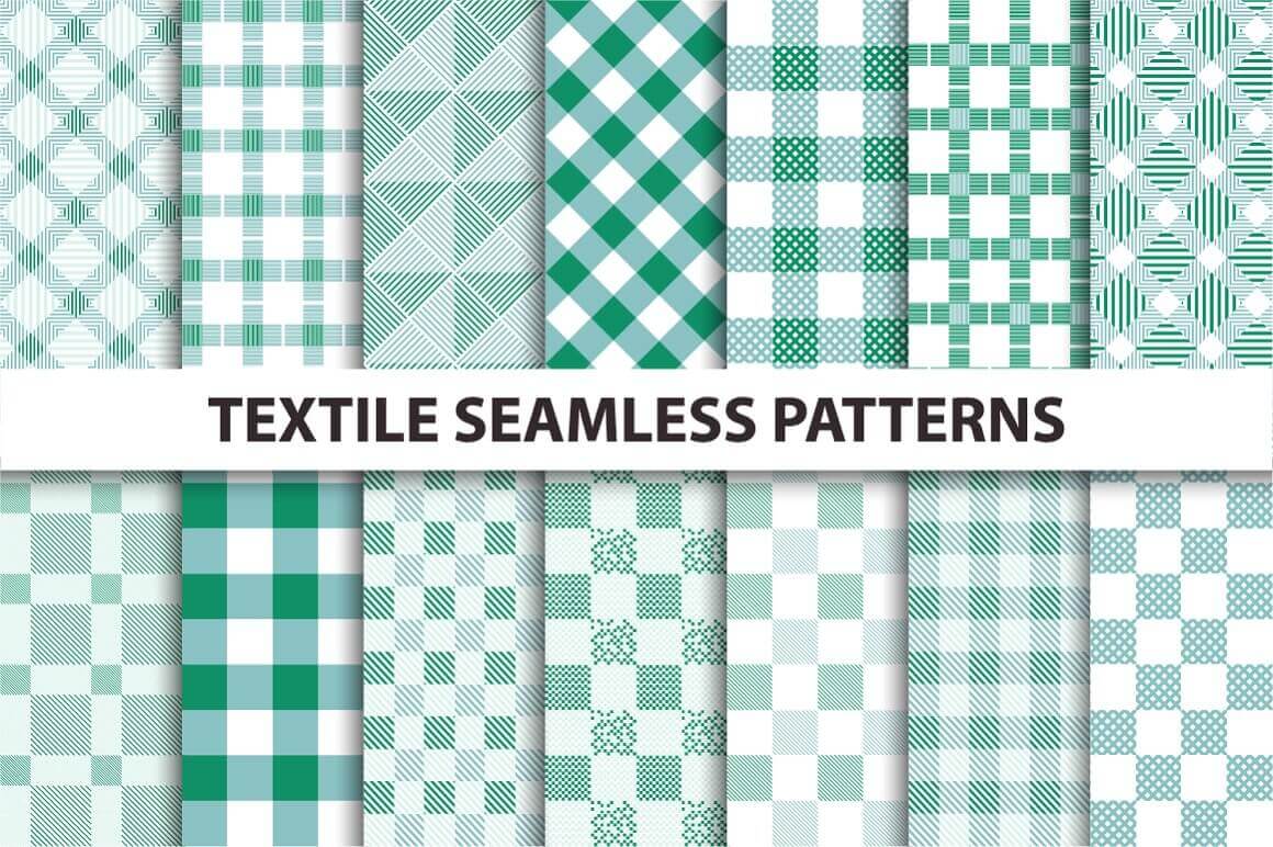 Textile seamless pattern, fourteen different patterns in green.