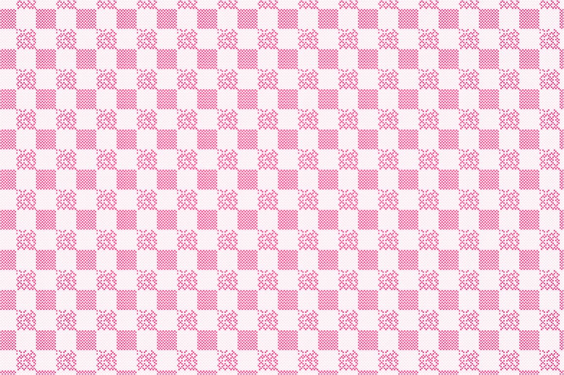 Some pink squares are made up of smaller checkered squares, other pink squares are made up of pixel art.
