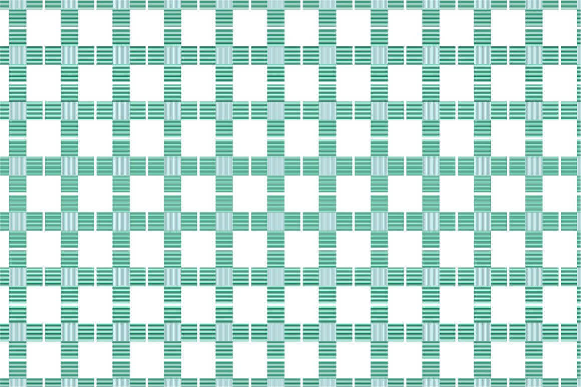 Textile seamless pattern, large white and small green cubes.