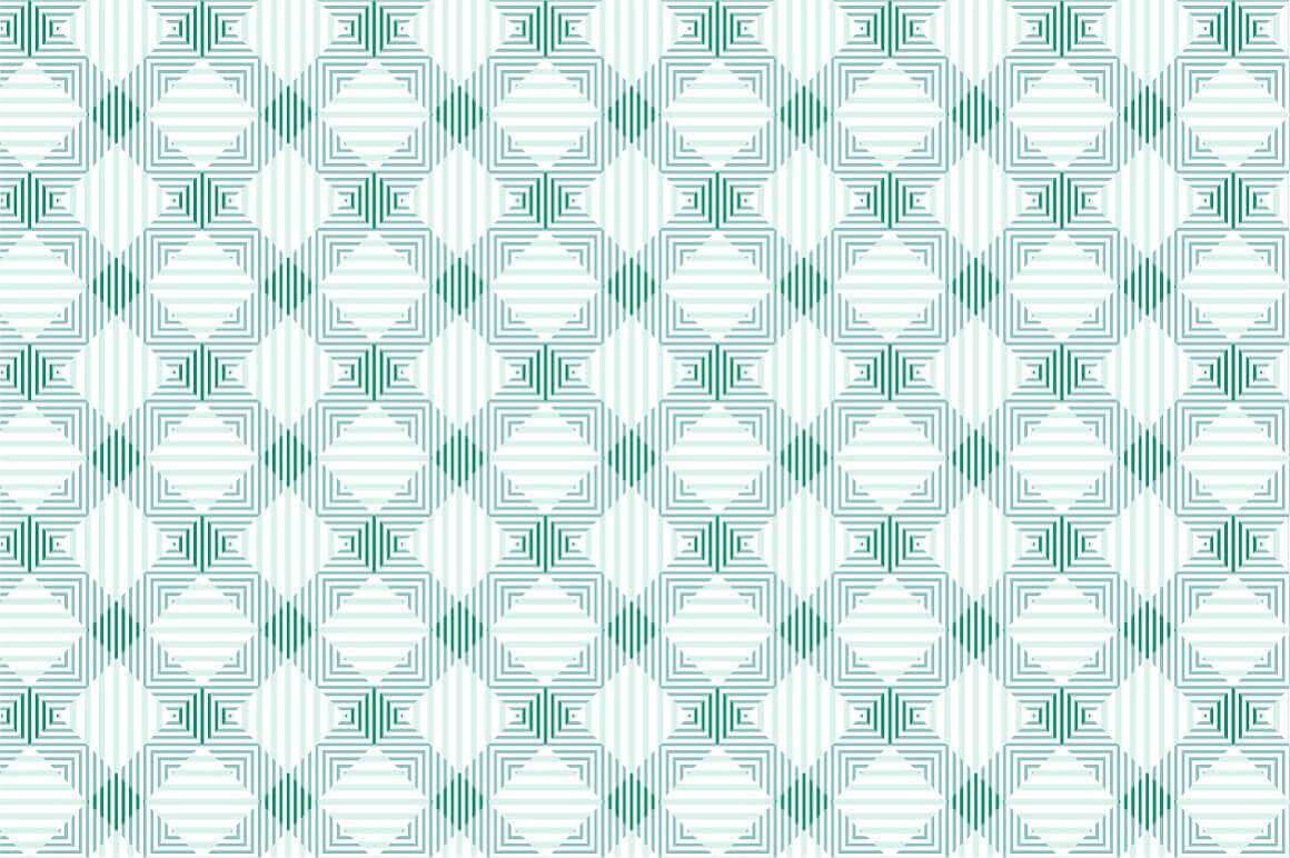 Textile seamless pattern, cube pattern over white and light green rhombuses.