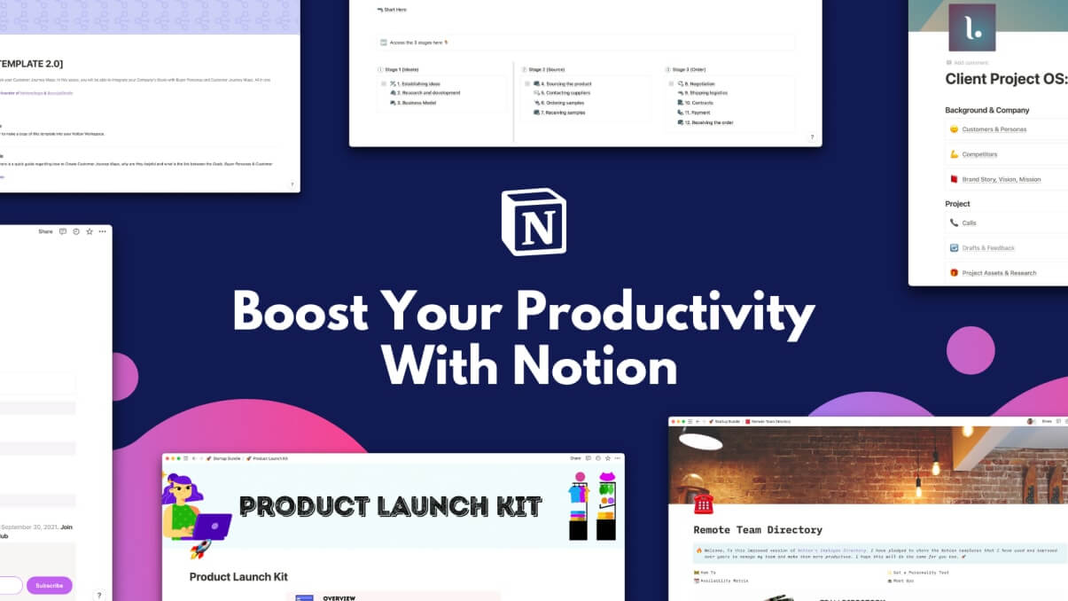 Blue background with round balls of pink and blue with the inscription "Boost your productivity with notion".