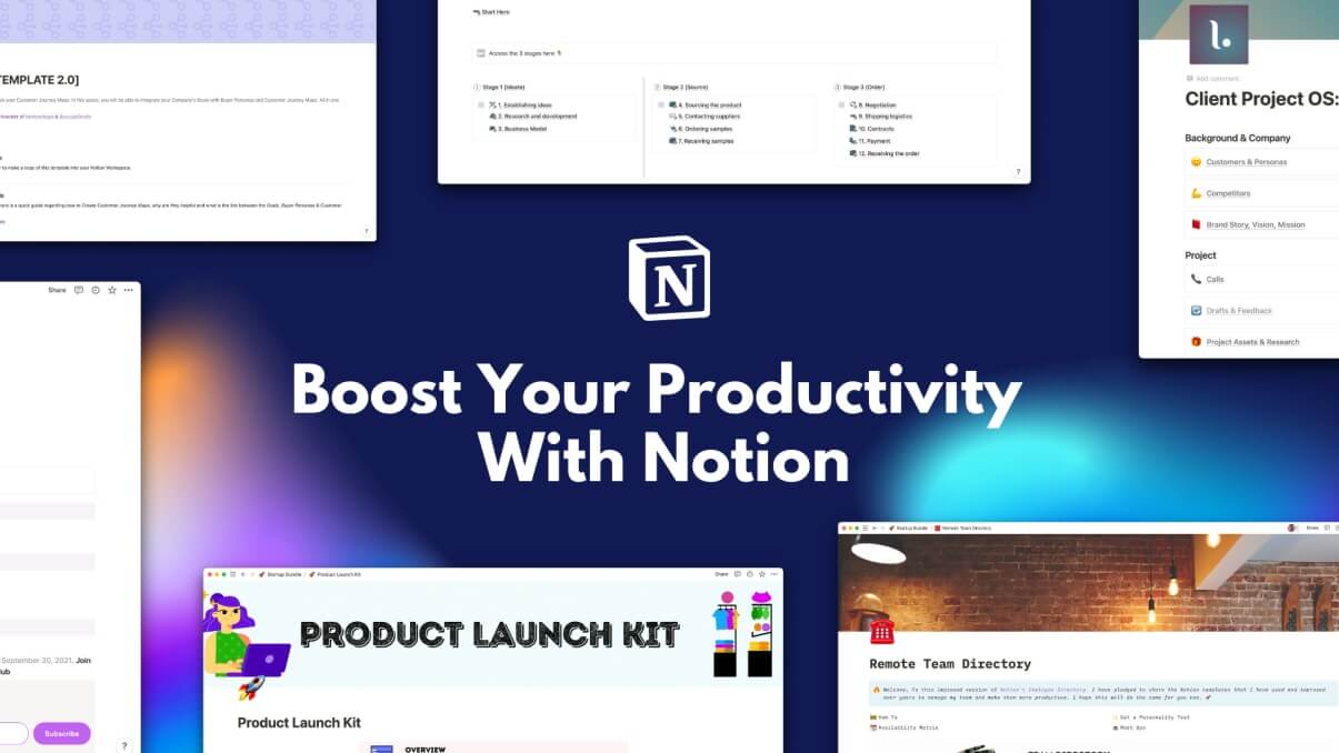 Inscription Boost your productivity with notion on the blue background.