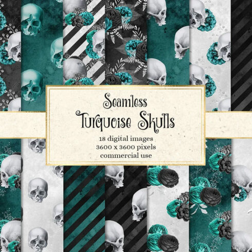 turquoise skull digital paper patterns.