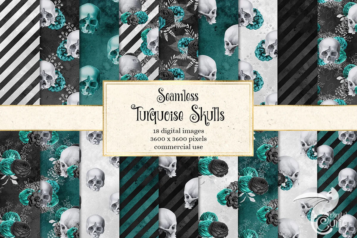 turquoise skull digital paper patterns.