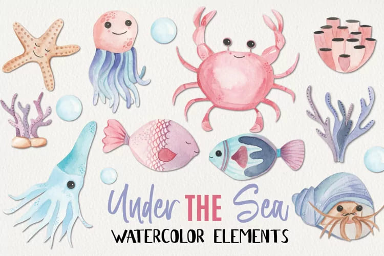 Under The Sea Watercolors Painted Elements Ocean Crabs Fish facebook image.