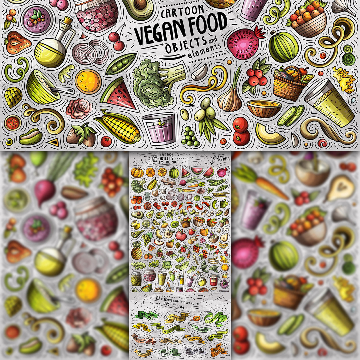 Vegan Food Cartoon Objects Set 1500 1500 2.