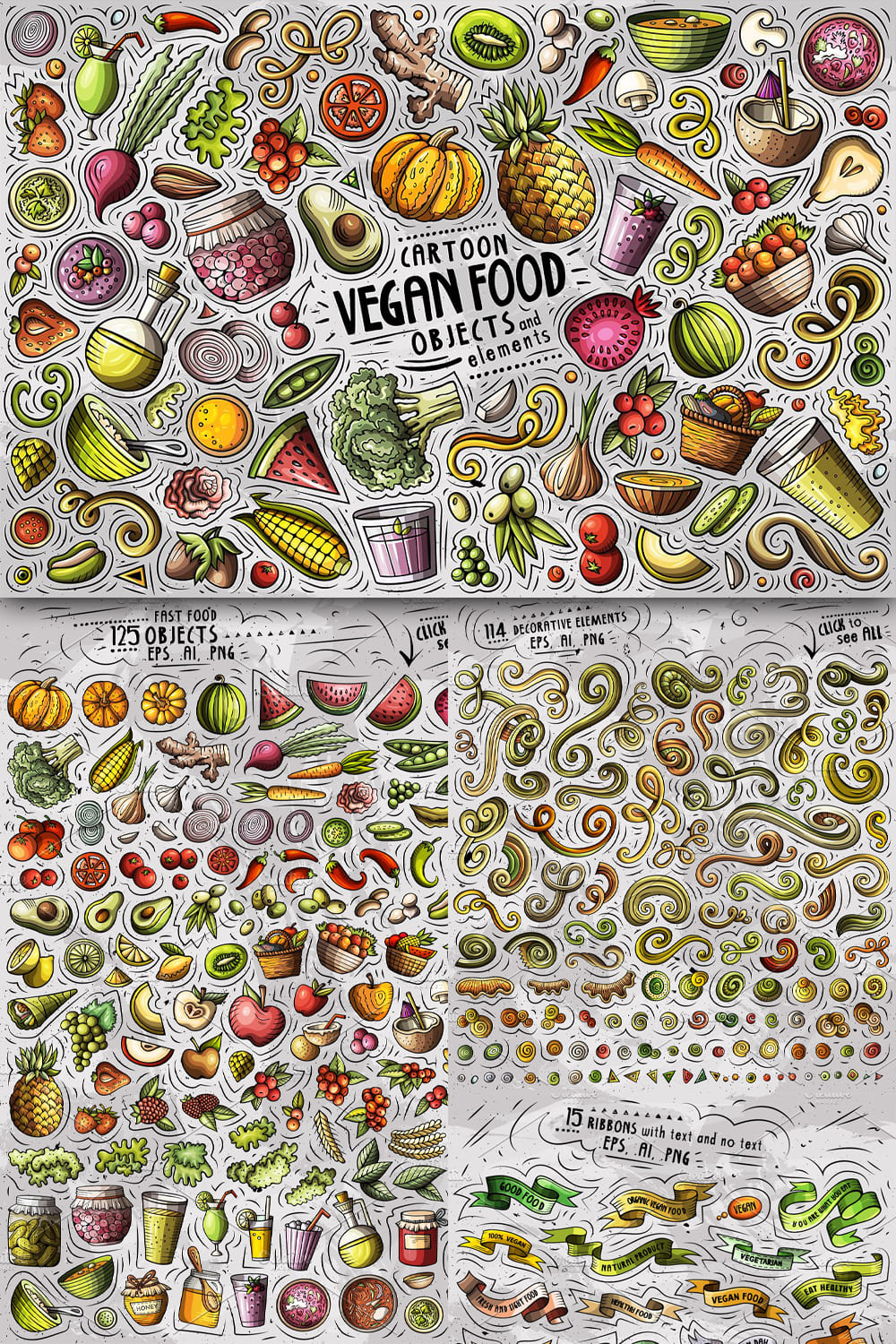 Vegan Food Cartoon Objects Set Pinterest 1000 1500.
