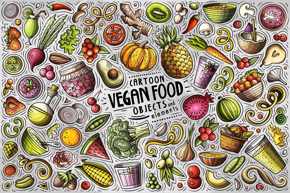 Vegan Food Cartoon Objects Set Preview 1.