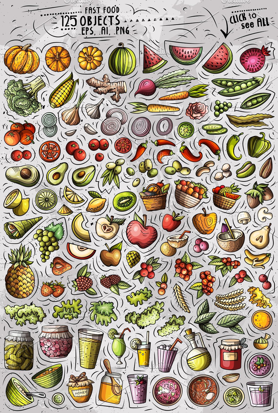 Vegan Food Cartoon Objects Set Preview 2.