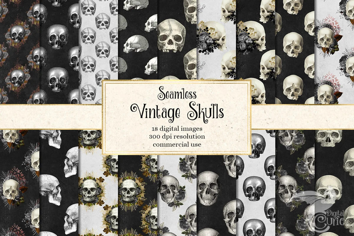 vintage skulls digital paper for paper and fabrics.