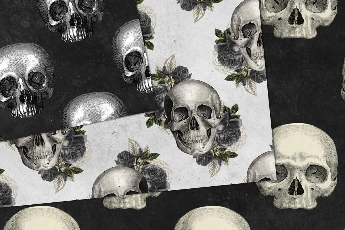 vintage skulls digital paper in seamless format.