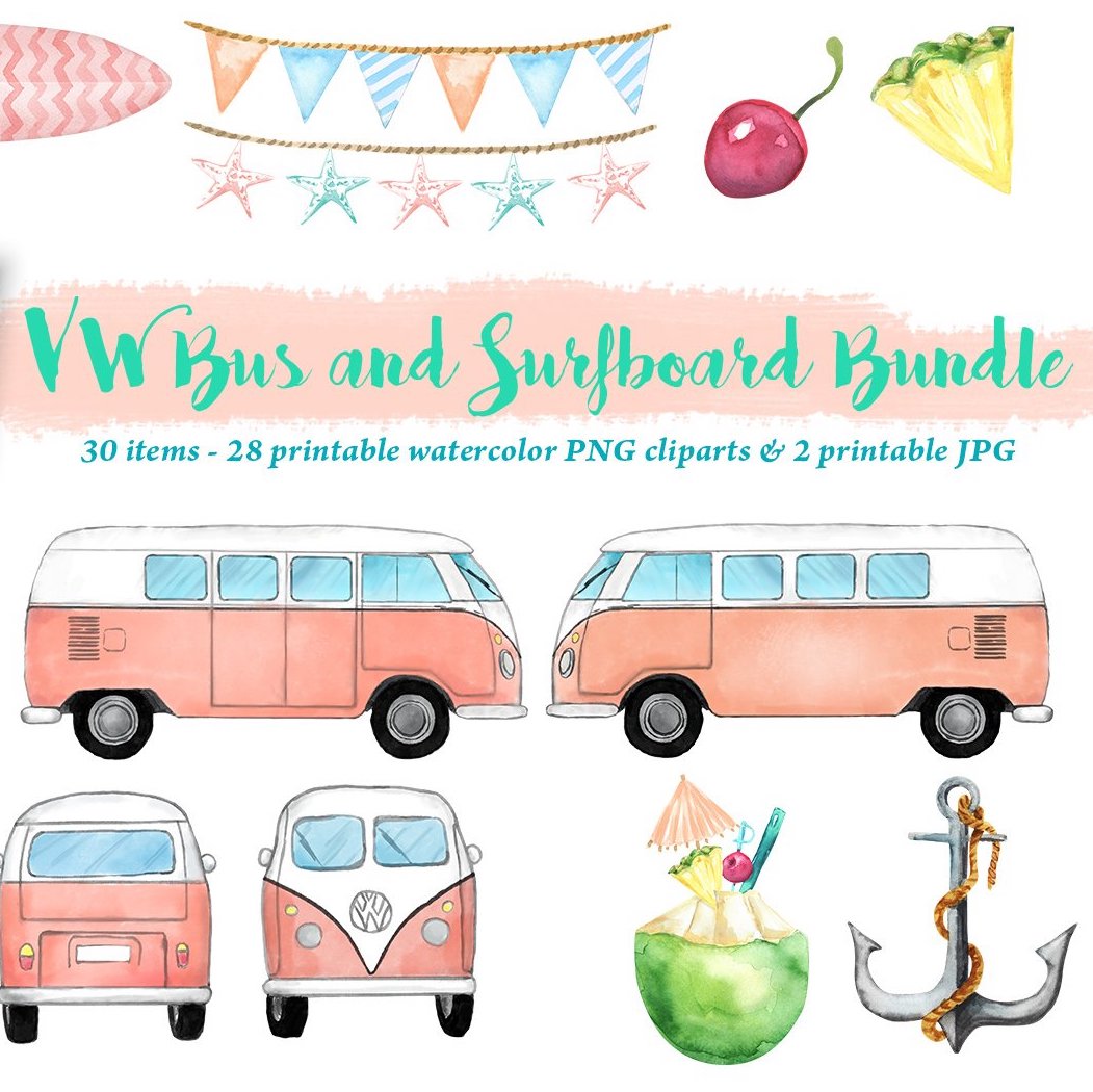 VW Bus & Surfboard Clipart Bundle cover image.