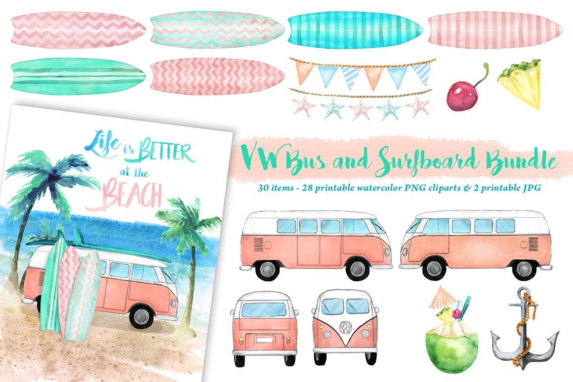 Vw bus surfboard cliparts.