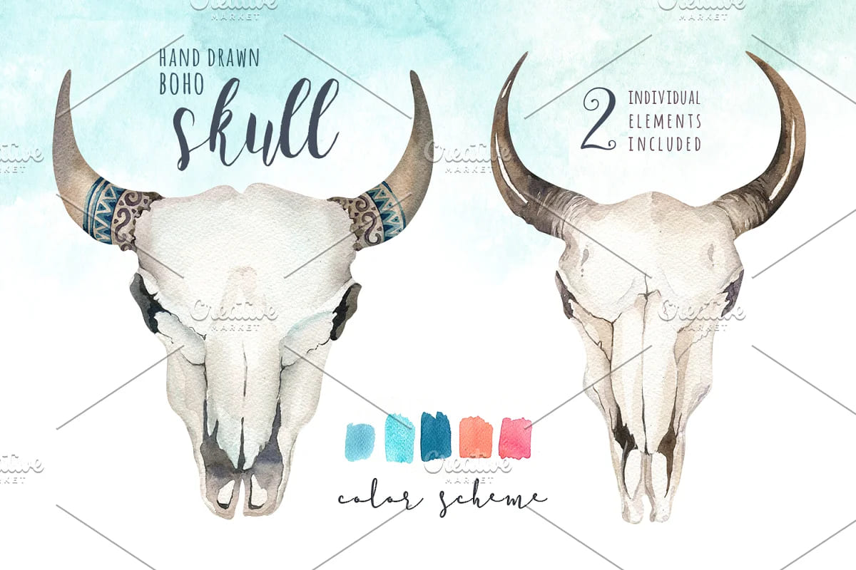 watercolor boho skulls design.