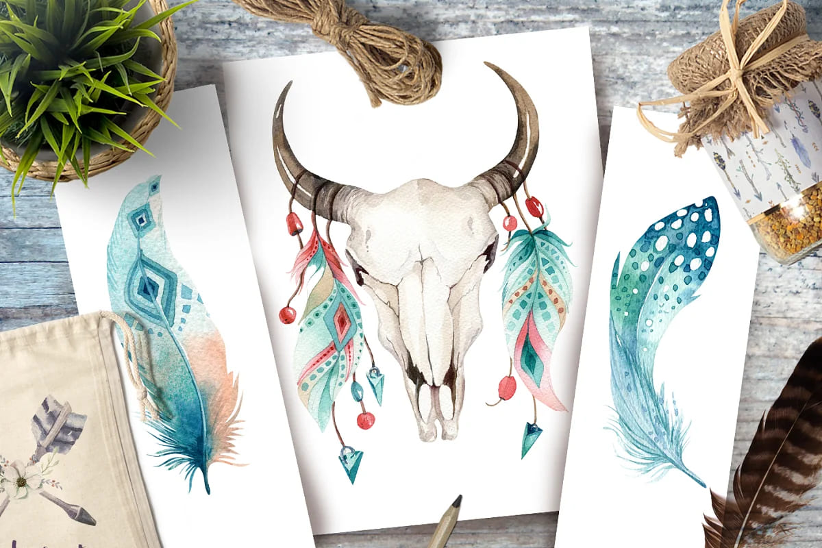 watercolor boho skulls illustrations.