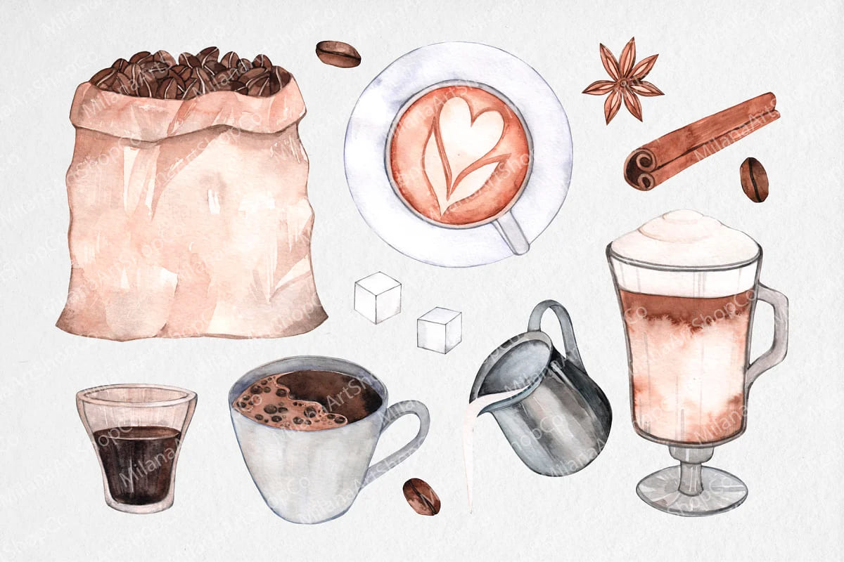 watercolor coffee clipart set.