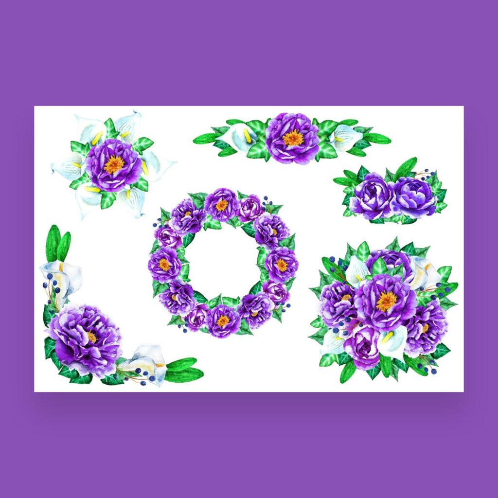 Watercolor Purple And White Flowers Master Bundles 