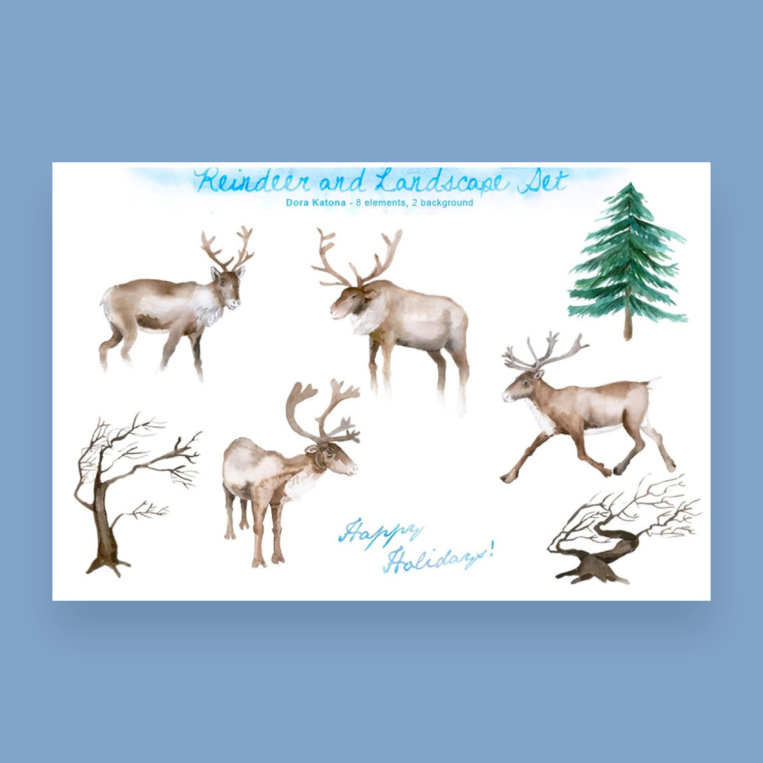 Watercolor reindeer christmas set.
