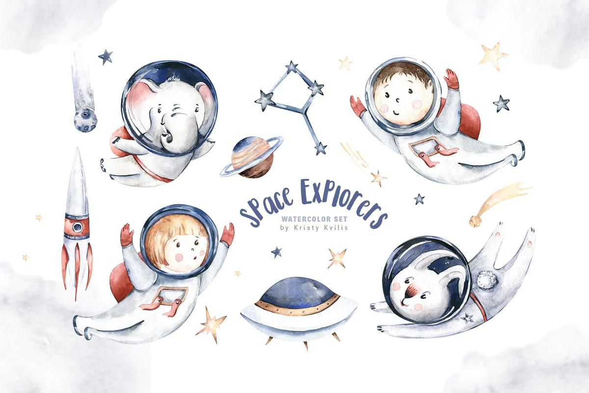 watercolor space explorers kids collection.