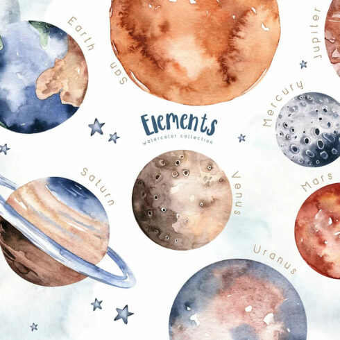 watercolor space explorers kids set planets elements.