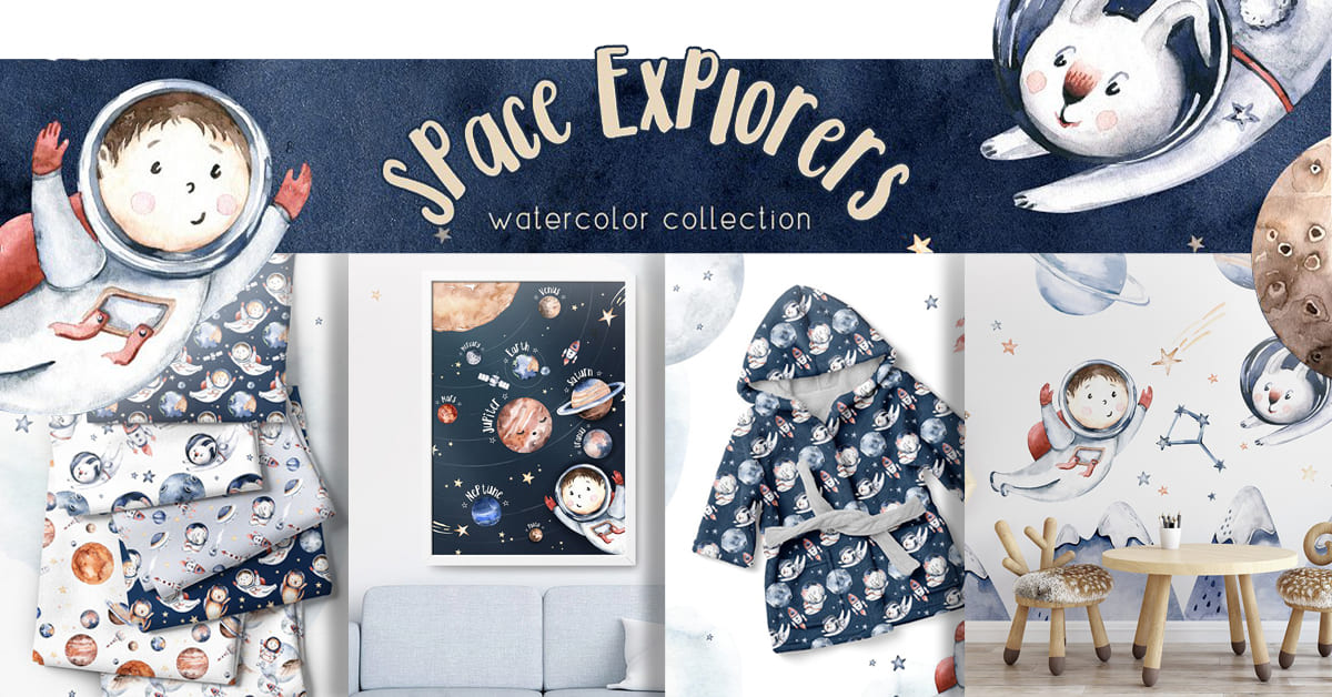 Watercolor Space Explorers. Kids Set facebook image.