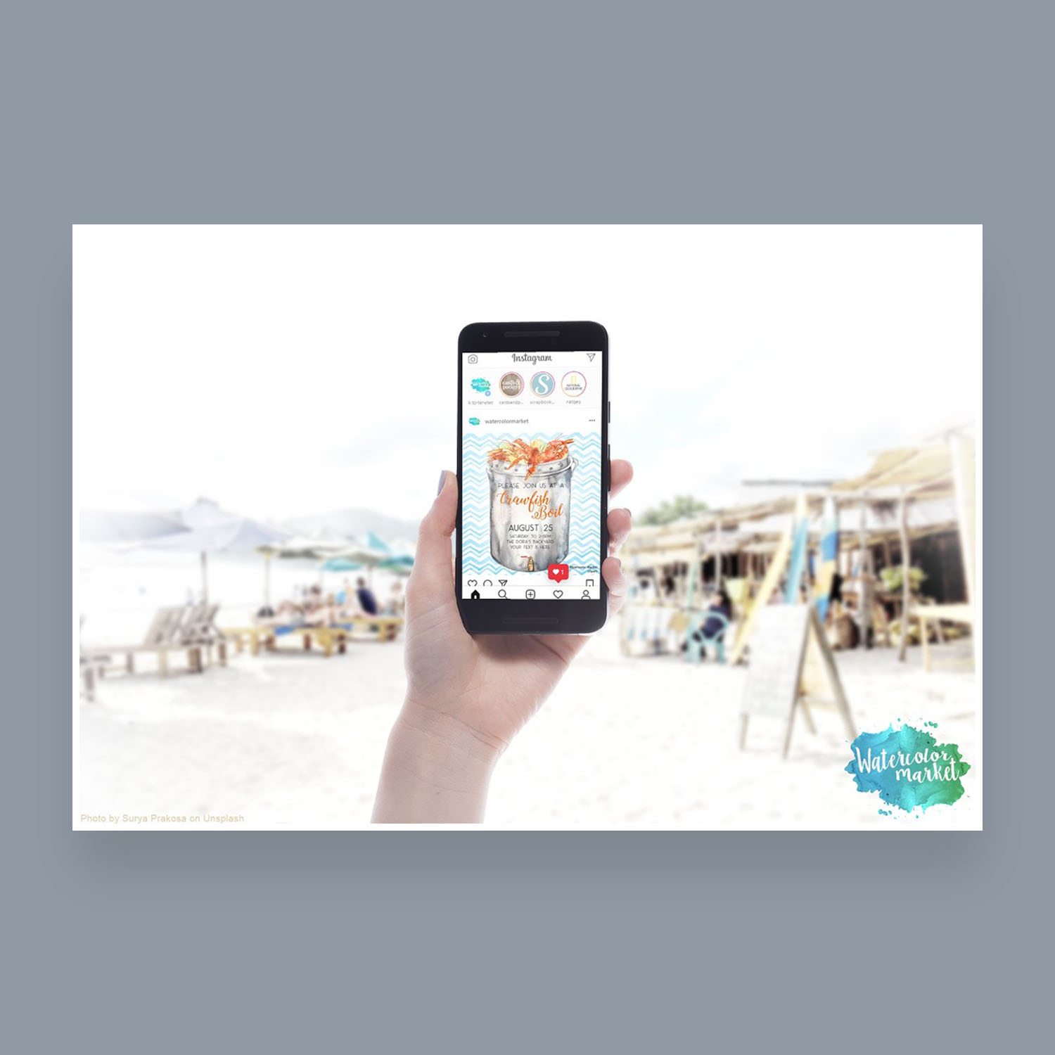 Watercolor srawfish on smartphone.