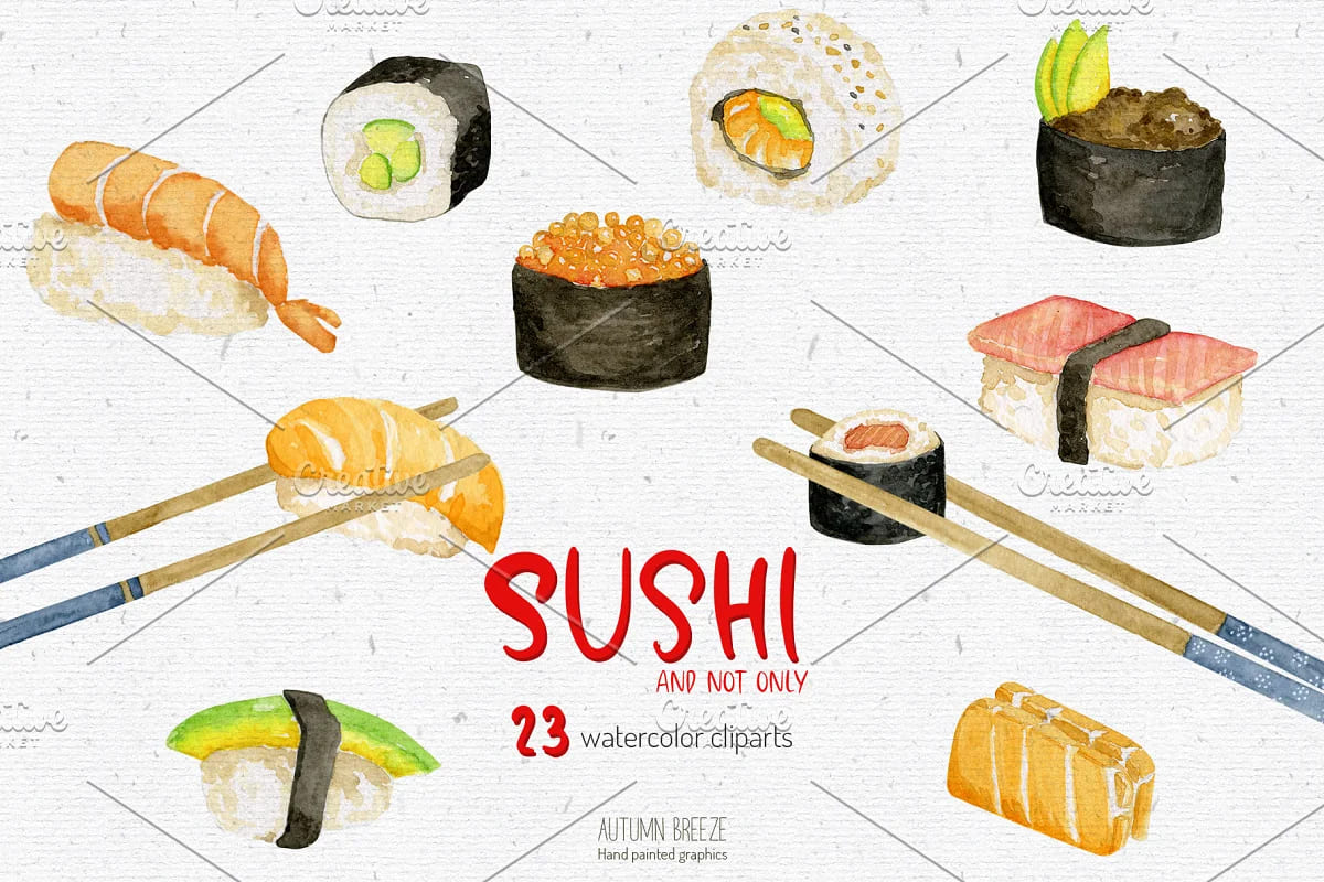 watercolor sushi clipart set.