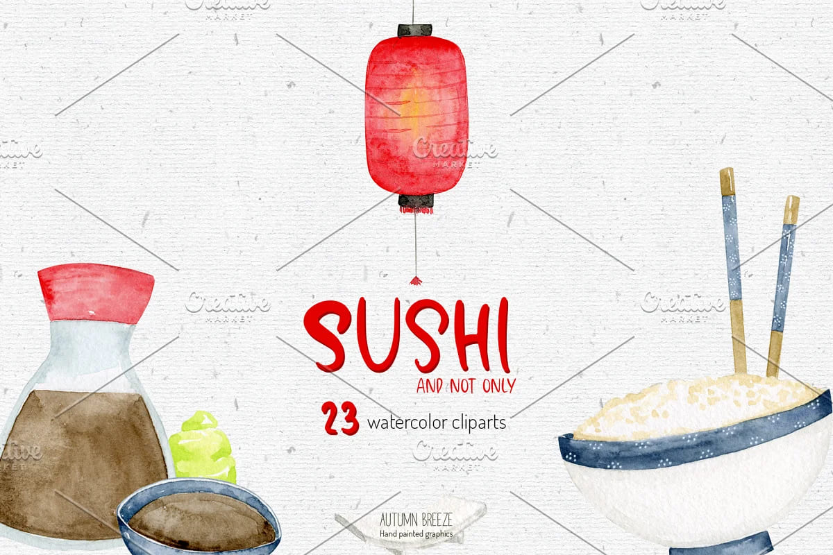 watercolor sushi clipart collection.