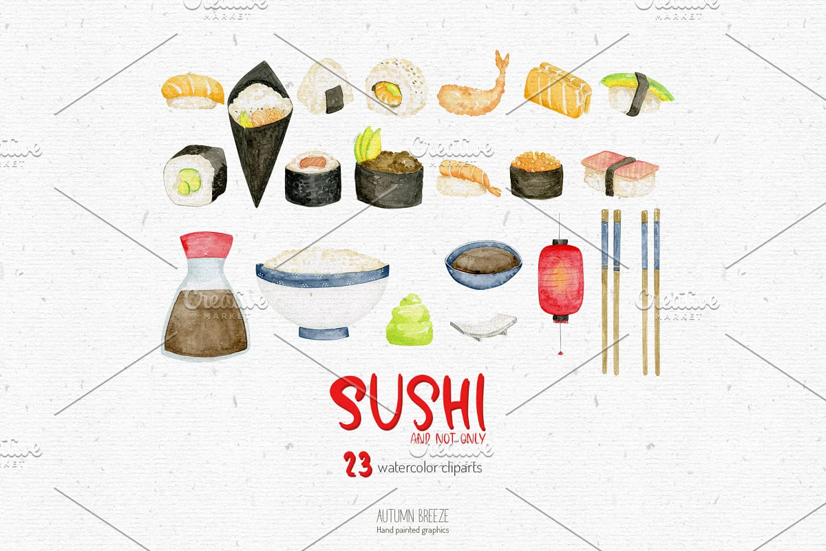 watercolor sushi clipart pack.
