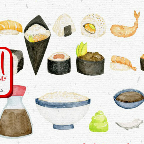 Watercolor Sushi Clipart | MasterBundles