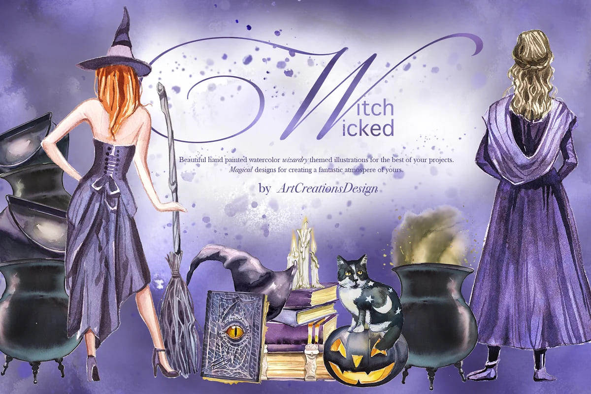 watercolor wicked witch illustrations set.