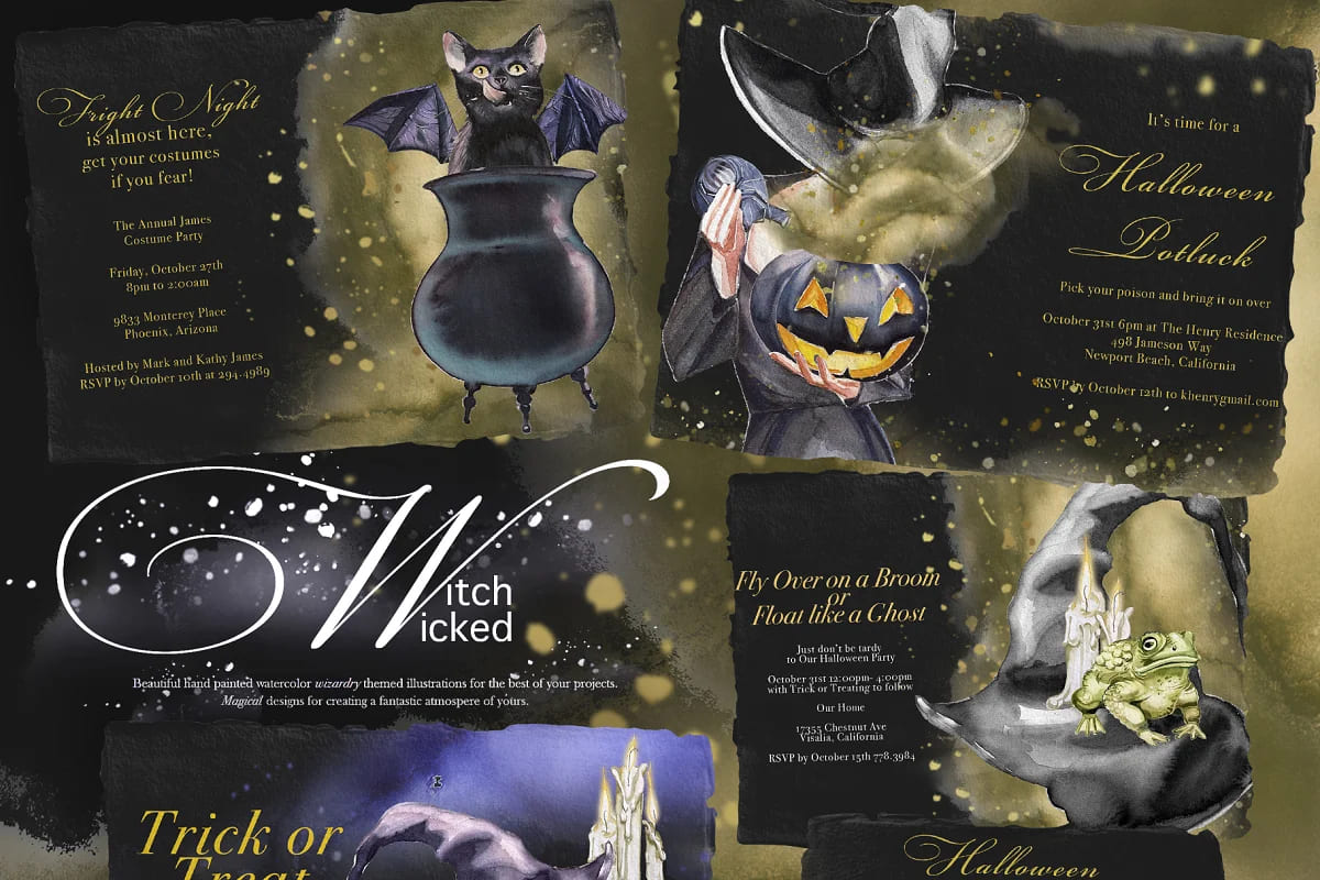 watercolor wicked witch illustrations pack.