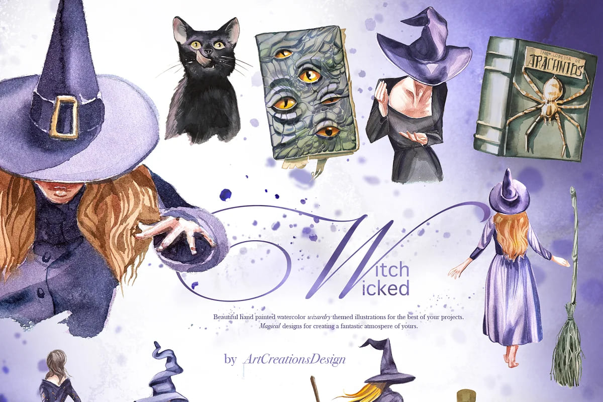 watercolor wicked witch design set.