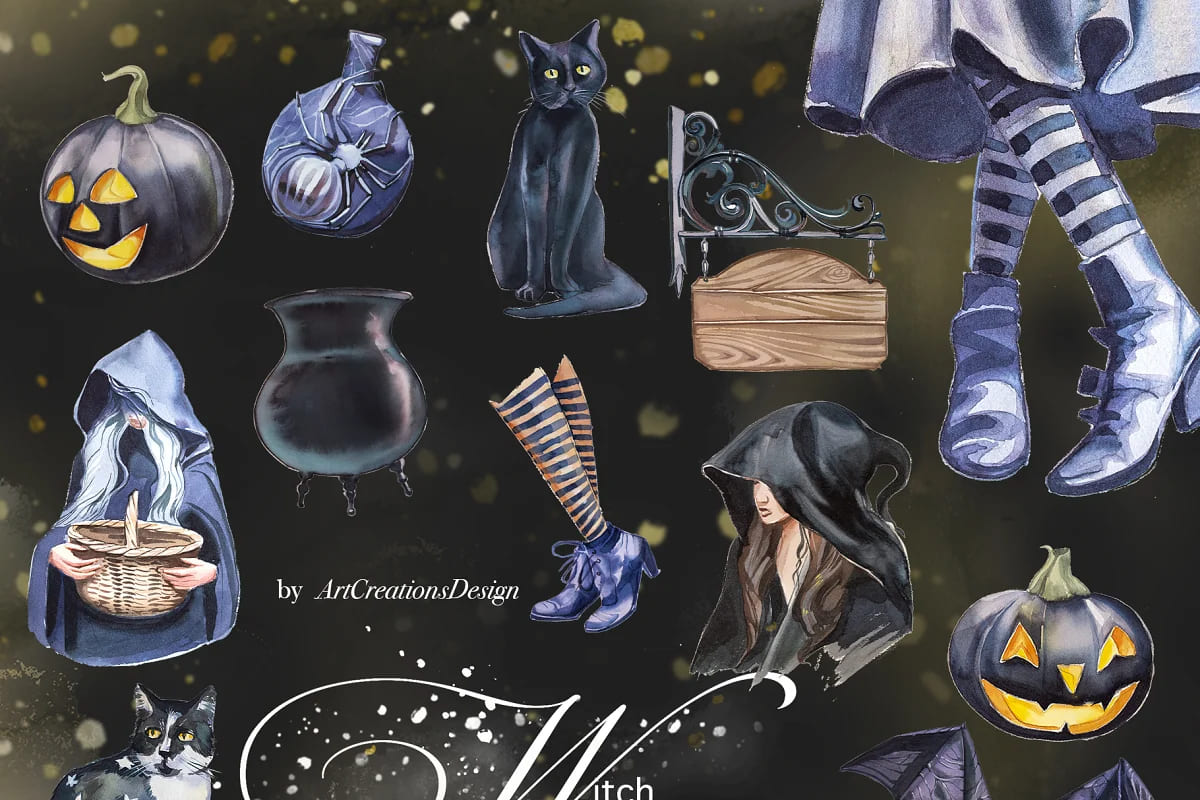 watercolor wicked witch illustrations collection.