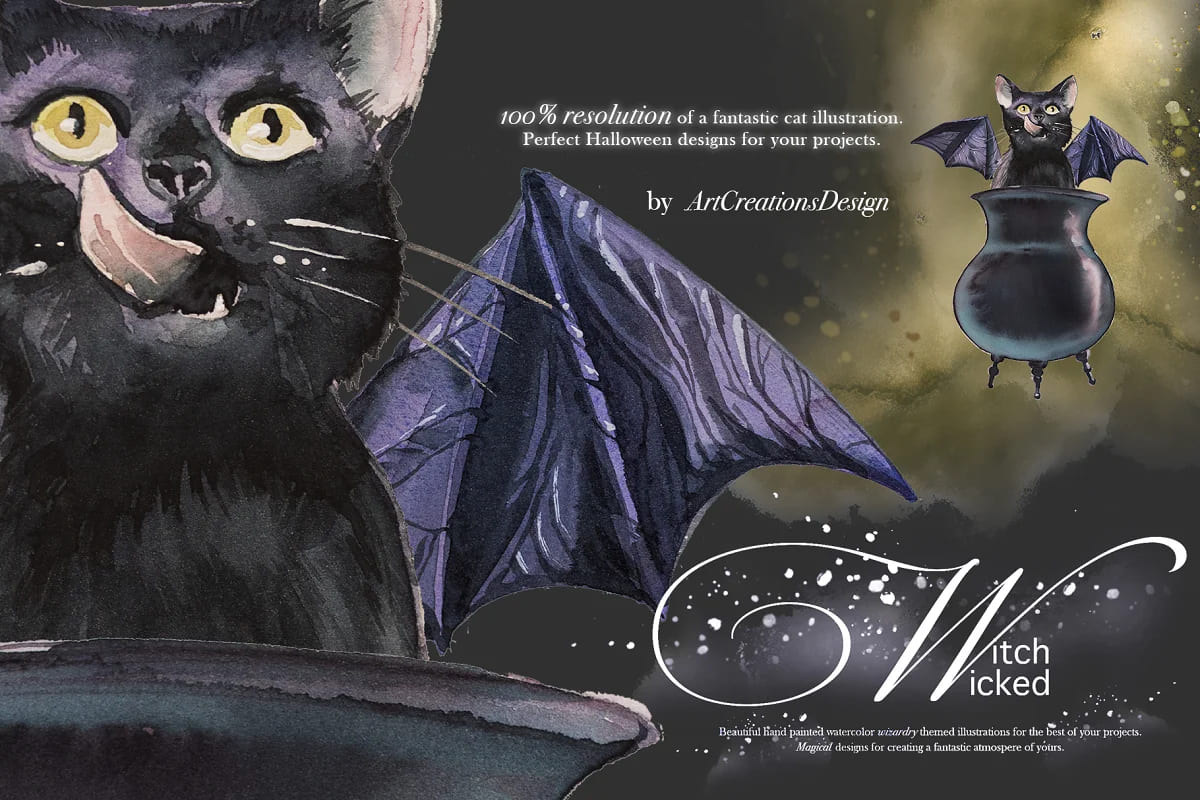 watercolor wicked witch clipart set, black cat with bat wings.