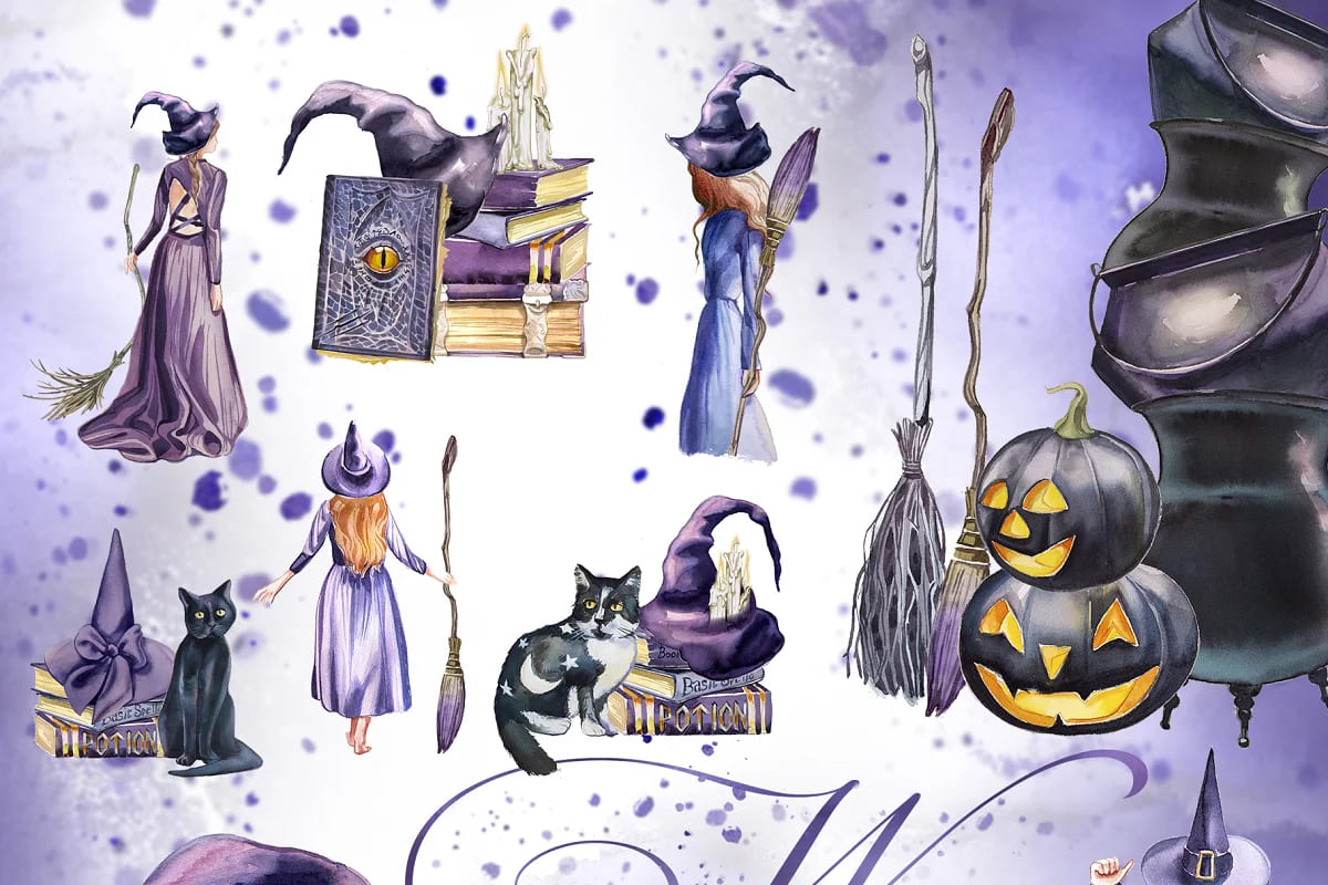 watercolor wicked witch clipart set elements of design.