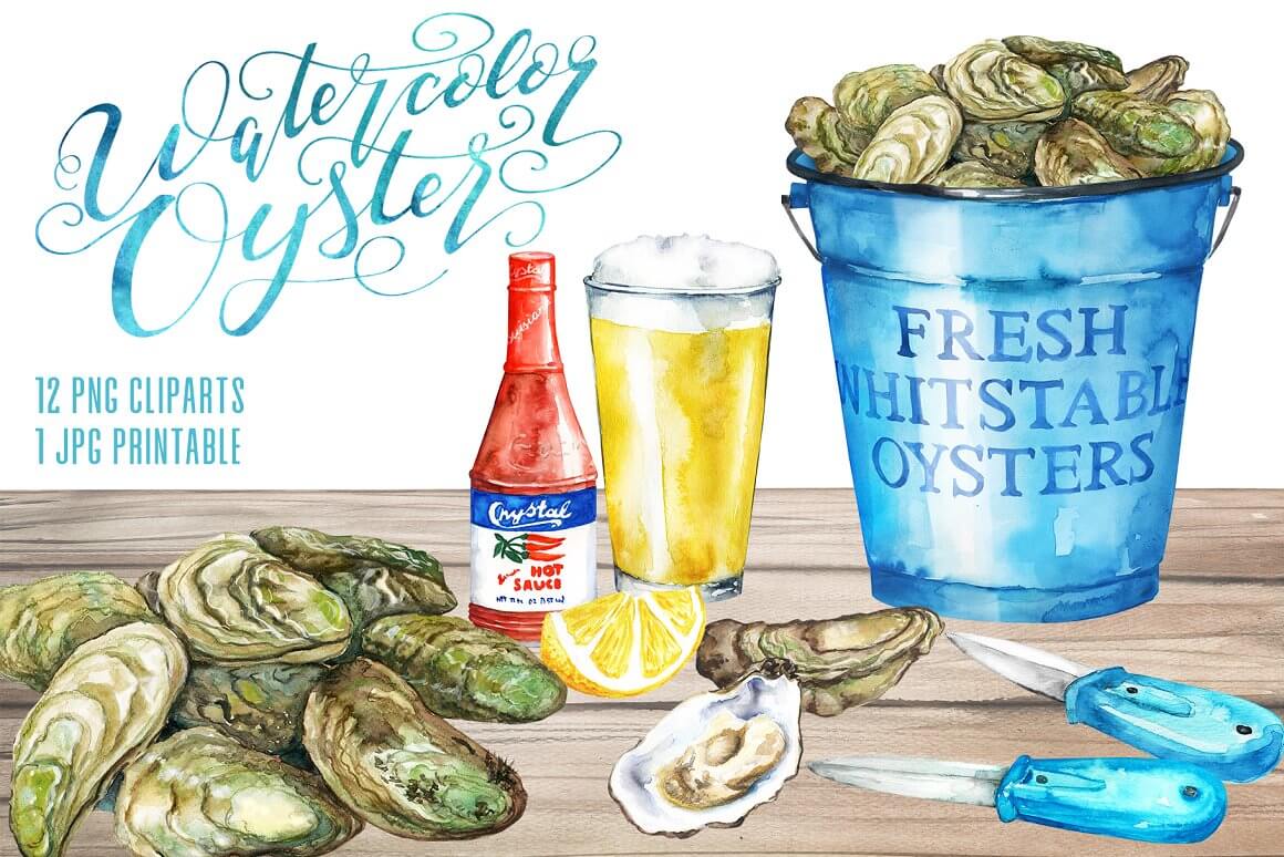 Watercolor Oysters painted in a bucket.