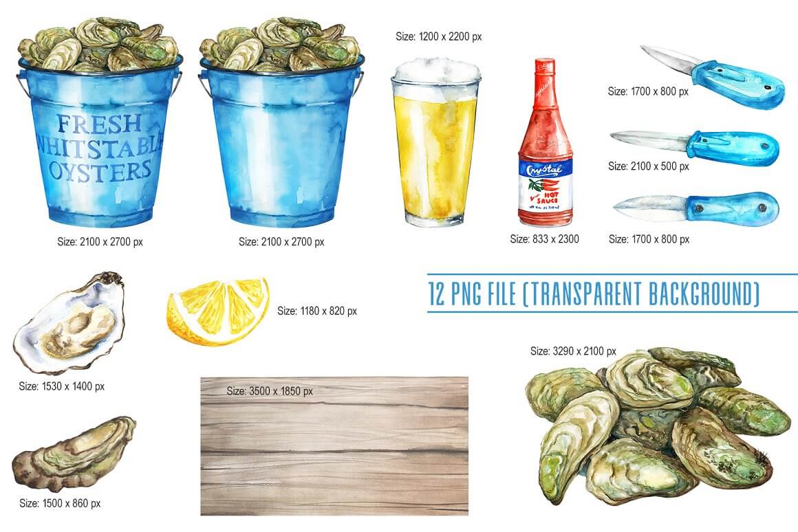 12 PNG files, images of oysters, lemon, beer and knives.