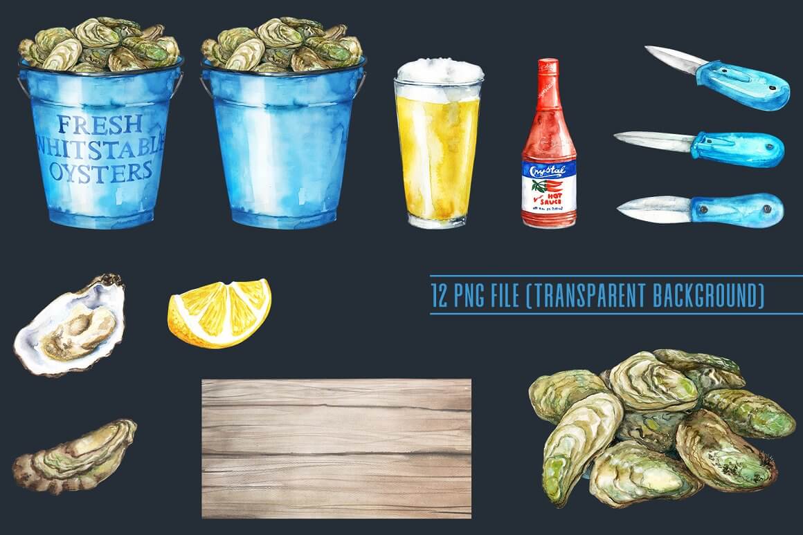 12 PNG files, images of oysters, lemon, beer and knives on a black background.